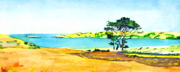 Fototapeta premium Watercolor landscape. Tree by the lake