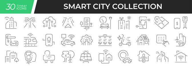 Fototapeta na wymiar Smart city linear icons set. Collection of 30 icons in black