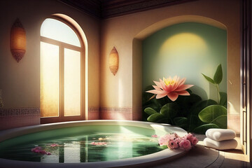 Pool with flowers. Luxury spa. Zone of self-care and personal well-being for mental health. Minimalist interior design. Concept stress free space, comfort zone. Ai generated.