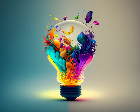 Light bulb filled with abstract colorful object. Creative idea concept. Generative AI illustration.
