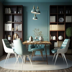 Interior design con tavolo e sedie in legno. Sala da pranzo moderna con parete marrone e blu grigio. Interior design di libreria, Interno domestico. rappresentazione 3d