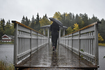 A wooden bridge on a forest lake, it's raining, there are clouds in the sky. Good time for fishing
