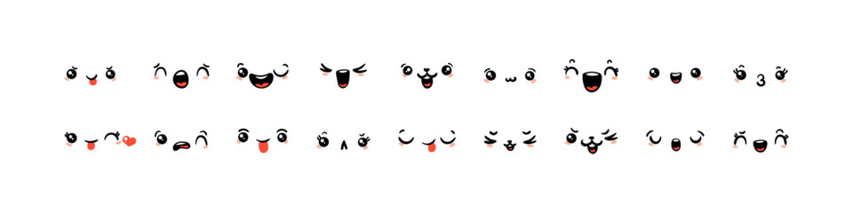 Various Cartoon Emoticons Set. Doodle faces, eyes and mouth. Caricature comic expressive emotions, smiling, crying and surprised character face expressions