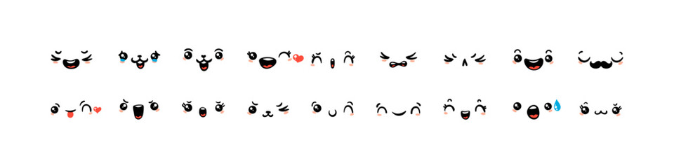 Various Cartoon Emoticons Set. Doodle faces, eyes and mouth. Caricature comic expressive emotions, smiling, crying and surprised character face expressions