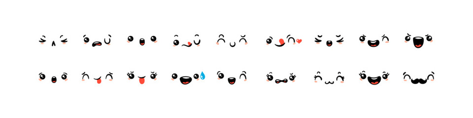 Various Cartoon Emoticons Set. Doodle faces, eyes and mouth. Caricature comic expressive emotions, smiling, crying and surprised character face expressions