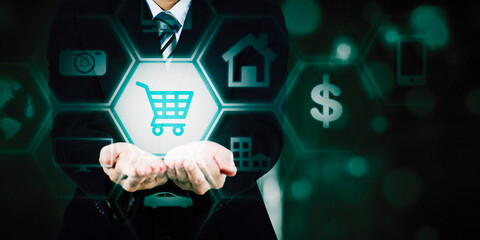 Online shopping business with businessman behind shopping cart interface