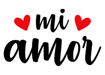 Logo del día de San Valentín. Letras de la palabra mi amor con corazones. Texto manuscrito mi amor en español para su uso en felicitaciones y tarjetas	