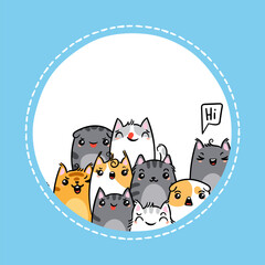 Kawaii illustration hand drawn banner. Cute cats with greetings and lettering on white color. Doodle cartoon style