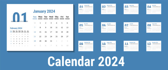 Template of blue calendar 2024 with minimal design.calendar 2024 on landscape.desk calendar 2024 week start on sunday and sunday as weekend.calendar 2024 A5 size. good for planner,schedule,agenda,etc.