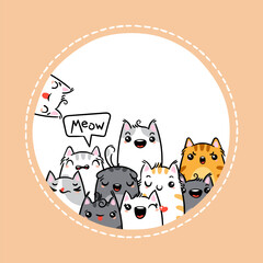 Kawaii illustration hand drawn banner. Cute cats with greetings and lettering on white color. Doodle cartoon style