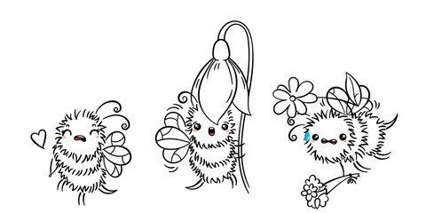 Kawaii Flying Bee with various things. Cartoon isolated on white background. Cute doodle lined illustration for colorings