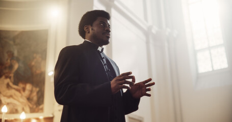 Service In Christian Church: Minister Leads Congregation In Prayer, Quotes The Bible, Gospel and...