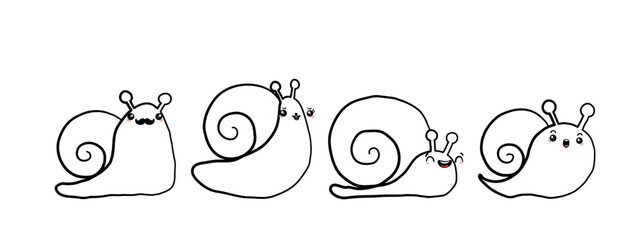 Kawaii snail character with shell and cartoon snailfish or snail-like mollusk. Coloring kids illustration, set of lovely snail-paced slugs with random emoji, isolated on white background