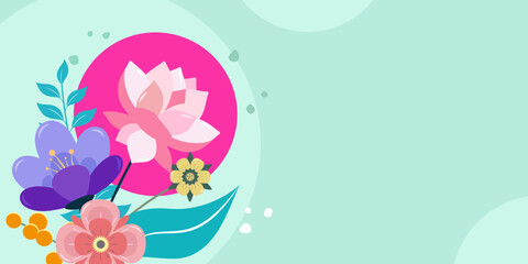 Spring floral background with bright colored flowers on a green background with a pink circle