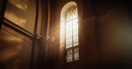 The Sun's Rays Streaming Through Stained Glass Windows of The Cathedral, Blessing The Church With A...