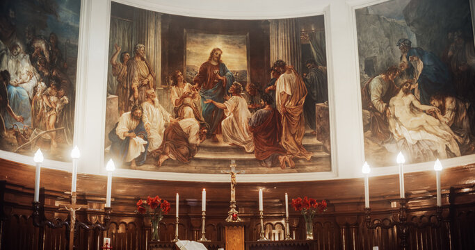 Church Mural Paintings Depicting The Lord Jesus Christ Having The Last Supper With The Disciples And His Death. Images Telling The Christian Stories And Religious Events According To The Holy Bible