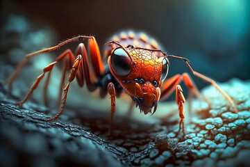 A close up of red fire ant on rough surface surrounded by defocused environment. Ants macro photography. Generative AI illustration.