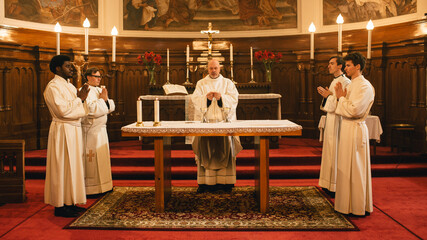 Ministers Leading The Eucharist, Sacred Christian Ceremony Of the Sharing Of Bread And Wine To...