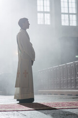 In Grand Old Church Minister Leads The Holy Communion Sermon, Guiding Christian Congregation...