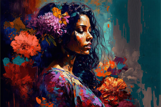 Fototapeta Colorful watercolor portrait of a beautiful woman in flowers, side view. Illustration, Generative ai