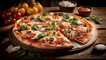 Obraz na płótnie Canvas Fresh and Tasty Pizza with Mushrooms and Tomatoes, generative ai