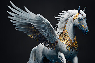 Mythical winged white horse Pegasus on a dark background. Generative AI