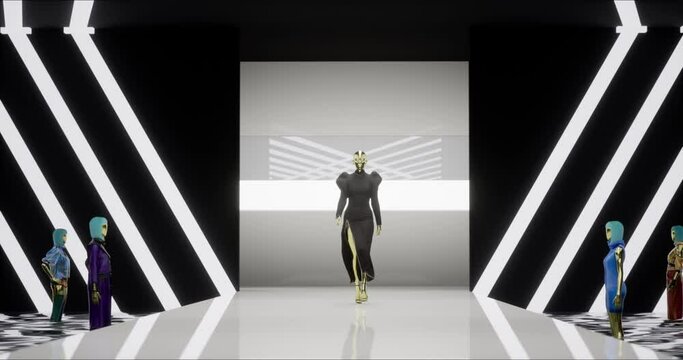 3D Fashion Show: Virtual Male Model Walking by the Metaverse Podum. Fashionable Black Dress. Meetings in Virtual Space, Artificial World. Concept of Gamification and Realization of NFT Products. 3D