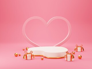 Valentine's day heart podium, hearts balloons and gift box with