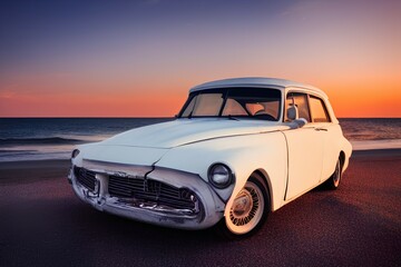 Fototapeta na wymiar white old car with waves and sunset in the background - generative ai