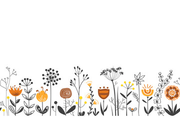 Fototapeta premium Fairy flowers border in Scandinavian folk style, seamless vector pattern. Repeating doodle grass meadow background. Design for fabric, cards, wallpaper, home decor, craft packaging.