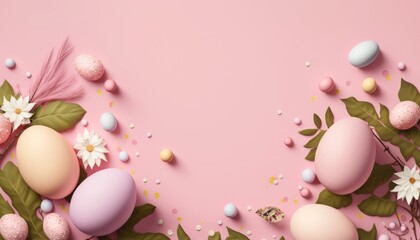 Naklejka na ściany i meble Easter background on pink with copy space. Generative AI