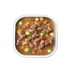 open wet food with vegetables for animals on a white background
