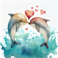 Romantic watercolor painting with dolphins love, jump and kiss each other with hearts and water splashes. Beautiful watercolour graceful curves of dolphin bodies, harmonious and serene hand drawing