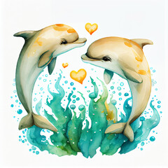 Watercolor art couple of dolphins swimming in a loving embrace. Two dolphins sharing moment of love and connection. Soft hues painting is perfect representation of love and connection in animals world