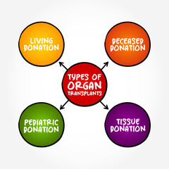 Types of Organ Transplants (medical procedure in which an organ is removed from one body and placed in the body of a recipient), mind map text concept background