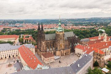 Naklejka na ściany i meble Prague Old Town with St. Vitus Cathedral and Prague castle complex with buildings revealing architecture from Roman style to Gothic 20th century. Prague, capital city of the Czech Republic