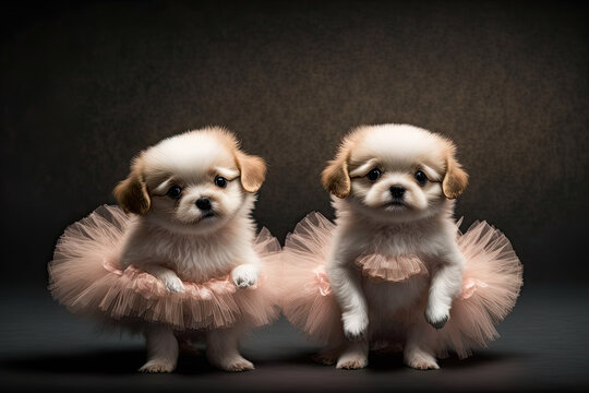 illustration of a 2 puppies ballerinas. Generative AI image.