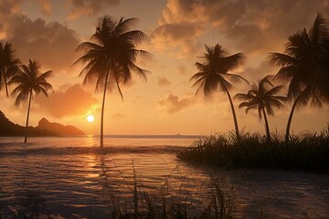 Obraz na płótnie Canvas Peaceful nature scenic. Relax paradise, amazing closeup view of calm ocean bay waves with orange sunrise sunset sunlight. Tropical island vacation, holiday beach landscape exotic sea. Generative AI