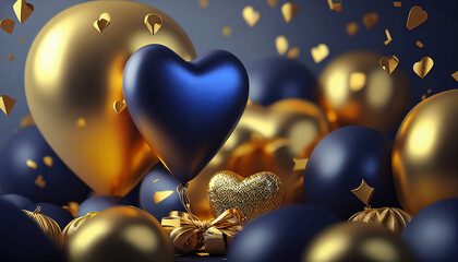 Celebration background, gold and blue colored balloons. Gifts and confetti, glittering heart shape balloons. Festive background for New Year or Valentine's Day or any other holiday. Generative AI.