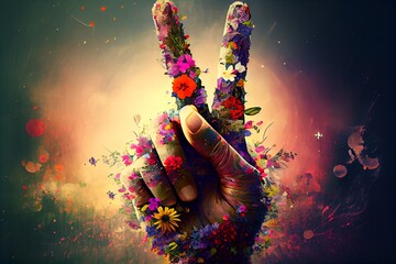 isolated hand making the peace sign, decorated with beautiful and colorful flowers, 60s, 70s, generative ai - obrazy, fototapety, plakaty