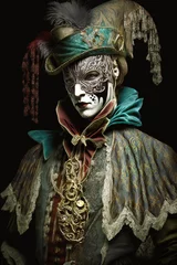 Gordijnen Illustration of a man dressed with a Venetian mask and costume from seventeenth-century for a carnival party in Venice. Carnival elegant festive celebration background. Generative ai © Michael