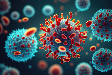 Virus, germs, microbe, bacterium, pathogen organism, leukocyte 3D illustration. Viral infection. Immunity fights disease. Viral mutations and immune defense. Generative AI.