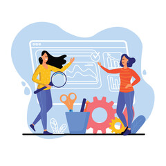 Business analysis blue concept with people scene in the flat cartoon style. Business workers analyze economic data and financial information about the state of the company. Vector illustration.