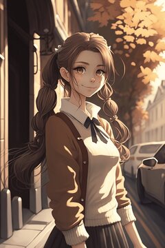 A Charming Anime Girl With Ponytails Brown Hair, Wearing A Knit Cardigan, Fall, City Street.