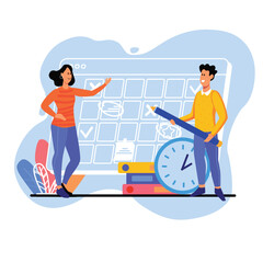 Blue concept Business daily planning with people scene in the flat cartoon style. Two business employees compare plans for the day and think about what needs to be done first. Vector illustration.
