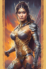 Oil painting portrait of an ancient female warrior with toned body. Created with Generative AI