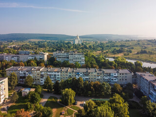 Aerial vIew of city Novyy Rozdil by drone. Summer Ukraine Lviv region, West Ukraine.
