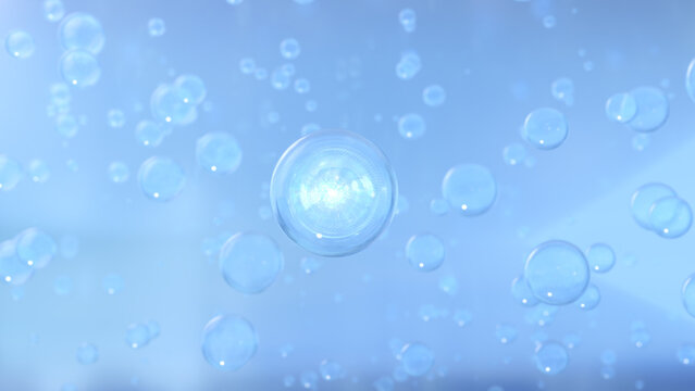 3d rendering Cosmetics Bubbles of serum on a blurry background. Design of collagen bubbles. Essentials of Moisturizing and Serum Concept. Concept of vitamins for beauty and personal care.