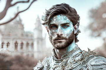 Double Exposure Handsome Man With Armour - Blurry - Blue and White Concept - AI Generated