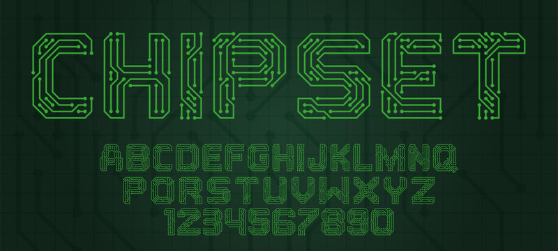 Digital chip circuit font. Tech typography, alphabet letters and numbers stylised as circuit board tracks. PCB technology and computer engineering lettering vector set